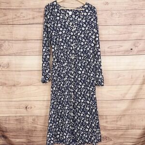 Gap Dress Womens M Tall Blue Floral Bird Print Long Sleeve Maxi Shirt Dress